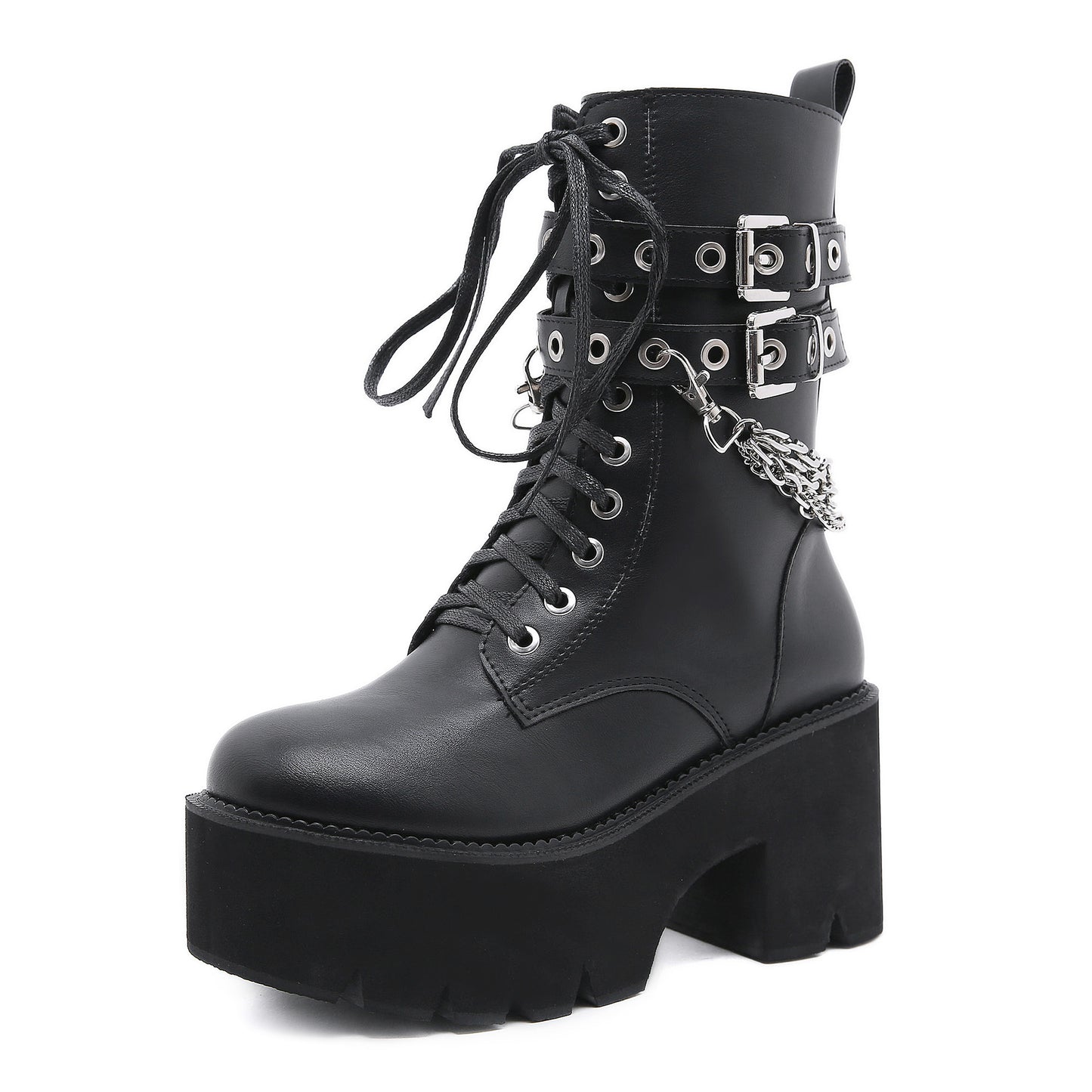 Chunky-heel Side-zip Platform Womens Boots With A Stylish Rivet Belt Buckle