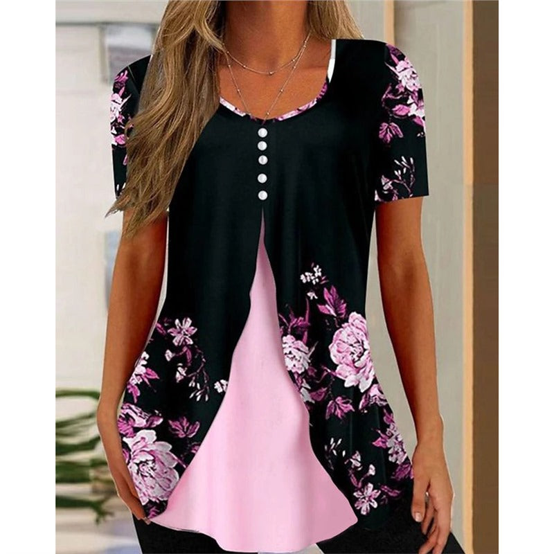 Women's Floral Print Round Neck False Two Pieces Button Short Sleeve T-shirt