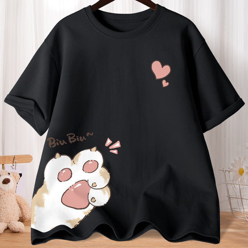 Summer Cartoon Cute Sweet Cat Claw Love Printed Short Sleeve