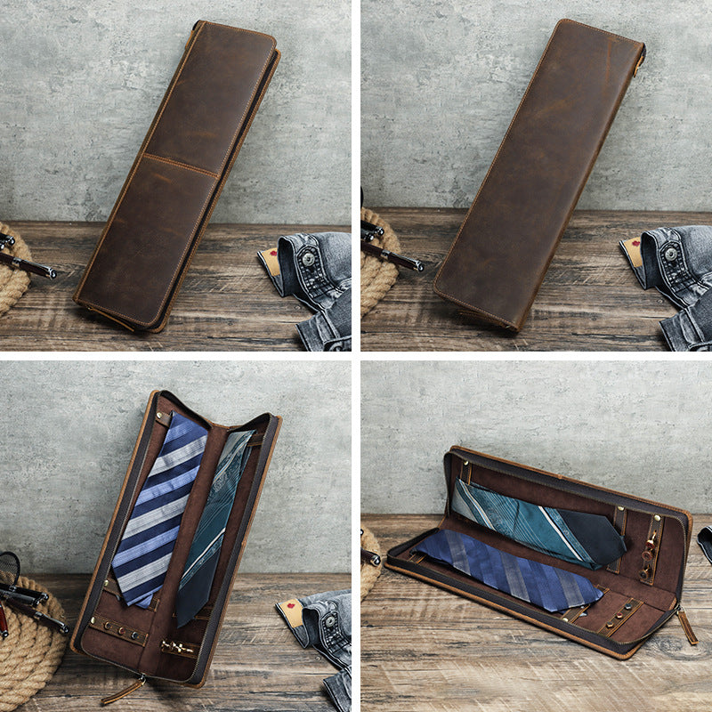 Vintage Crazy Horse Leather Men's Tie Storage Box