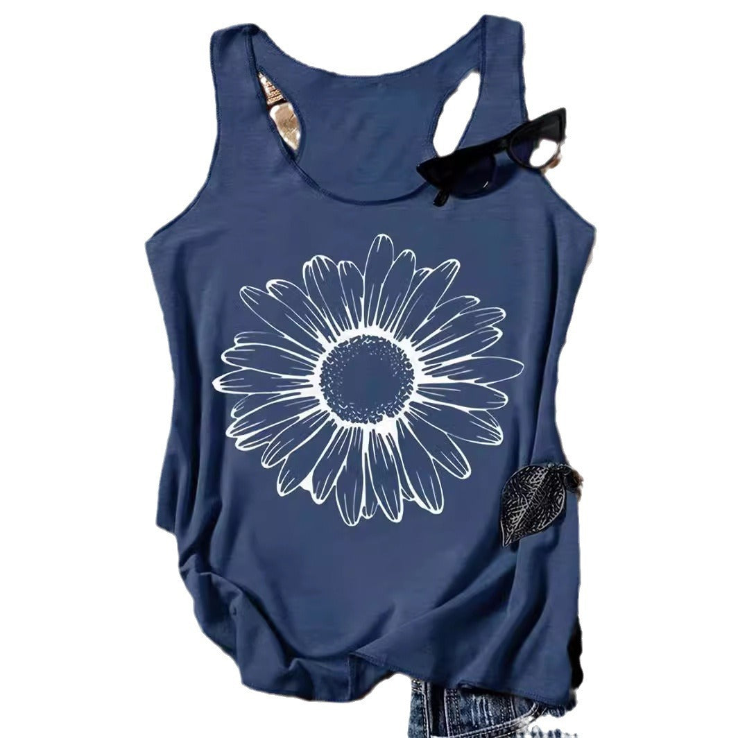 202 Casual Round Neck Narrow Edge Top Loose Sports Pattern Digital Printing Vest Women's Clothing