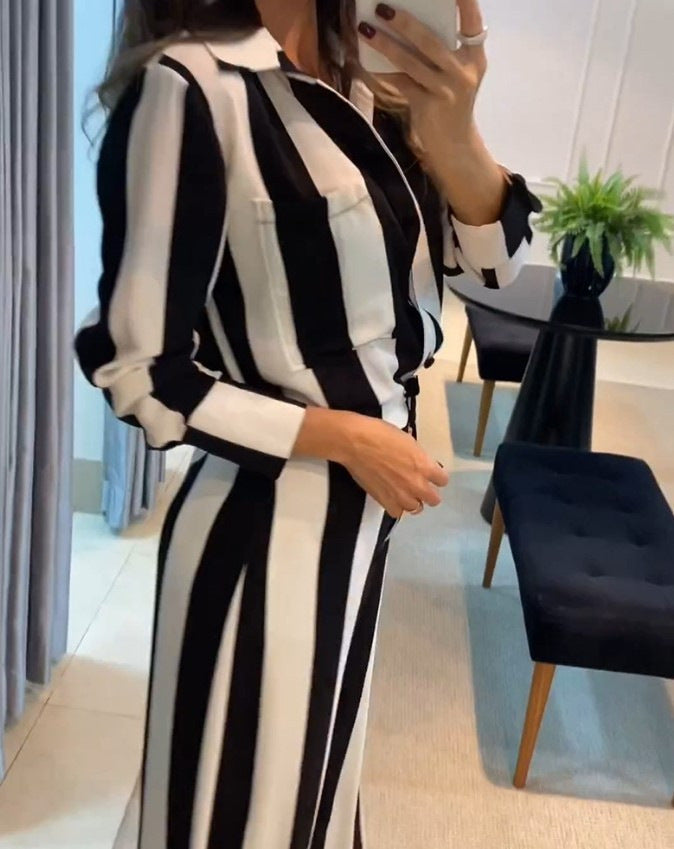 Casual Fashion Black And White Striped Button Pocket Design Shirt Wide Leg Pants Two-piece Set