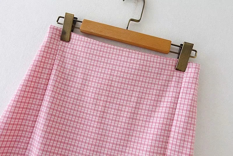 Contrast Color Small Plaid Split A- Line Skirt