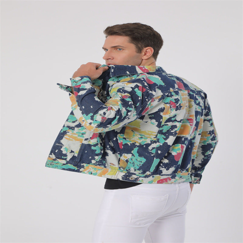 Lapel Denim Camouflage Hand-painted Floral Cloth Long Sleeve Non-elastic Denim Coat Jacket