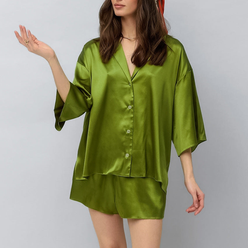 Cool And Comfortable Satin Cardigan And Shorts Set For Home