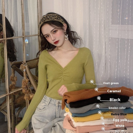 Pleated V-neck Knitted Bottoming Shirt Long Sleeve Sweater
