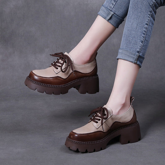Handmade Vintage Chunky Heel Lace-Up Colorblock Leather Shoes