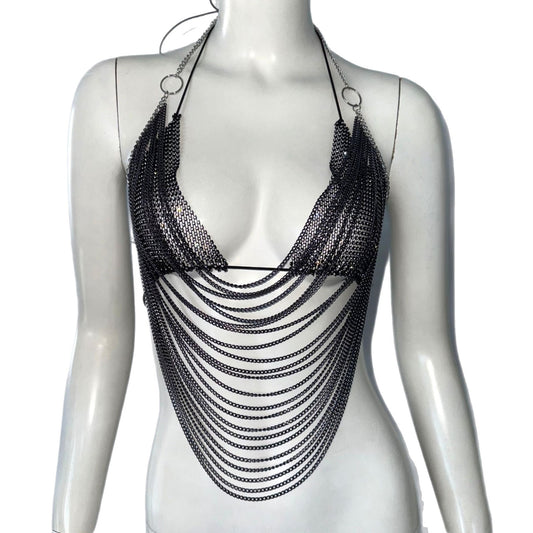 Sling Fishnet Rhinestone Halter Top Metal Decoration Two-piece Set