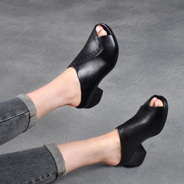 Square Heel Peep-toe Slippers Women's Outer Height Increasing Sandals Pumps