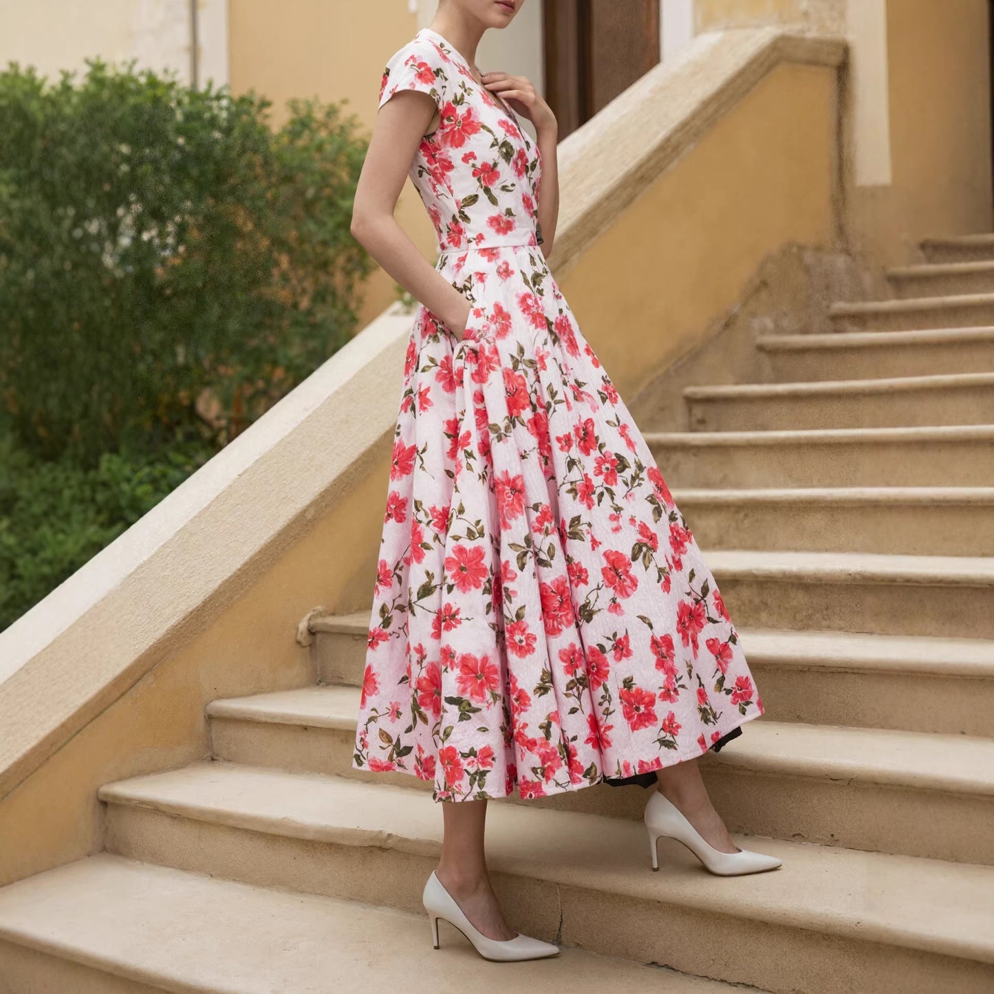 Retro Casual Printed V-neck Short-sleeve Womens Dress