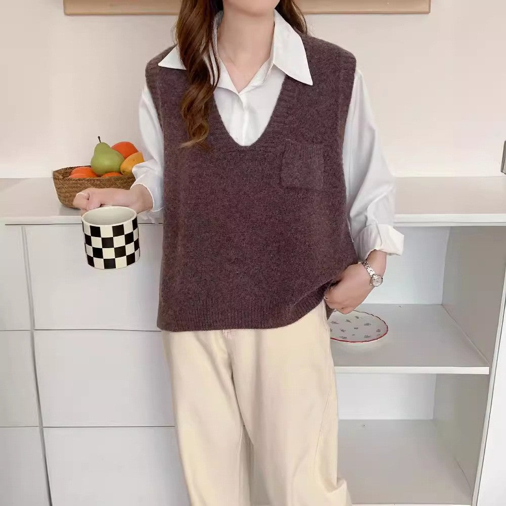 Casual  Girly Style Pocket V-neck Sleeveless Vest