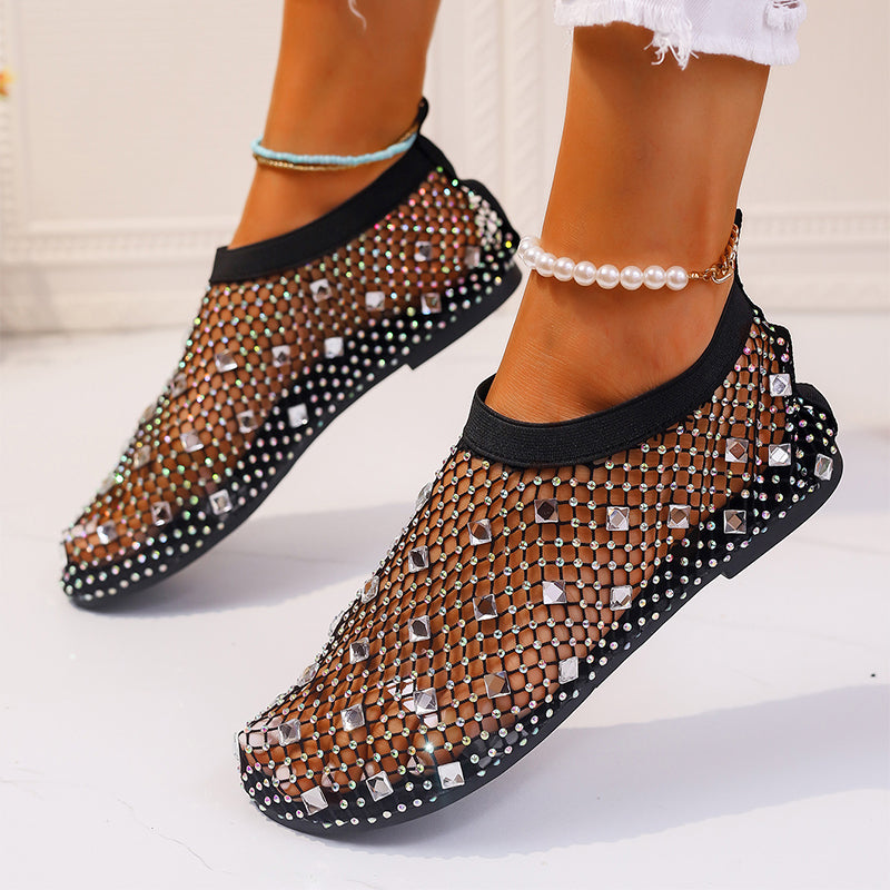Flade sandaler i mesh med farverigt rhinstensdesign – Nye strandsandaler med rund tå til kvinder til sommer