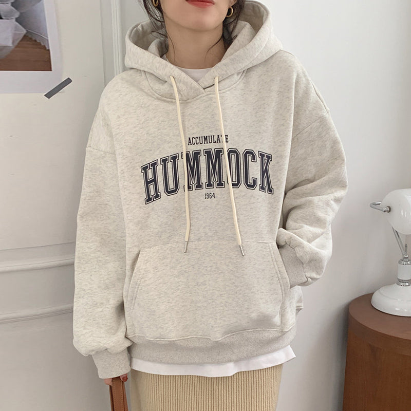 Women's Niche Alphabet Print Plus Fleece Loose Hooded Pullover Sweater
