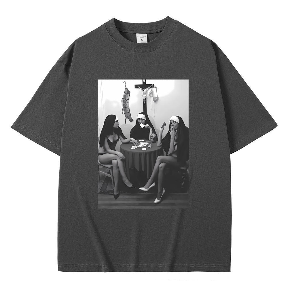 Nuns Naked Playing Card Smoking Drinking Funny Meme T-Shirt