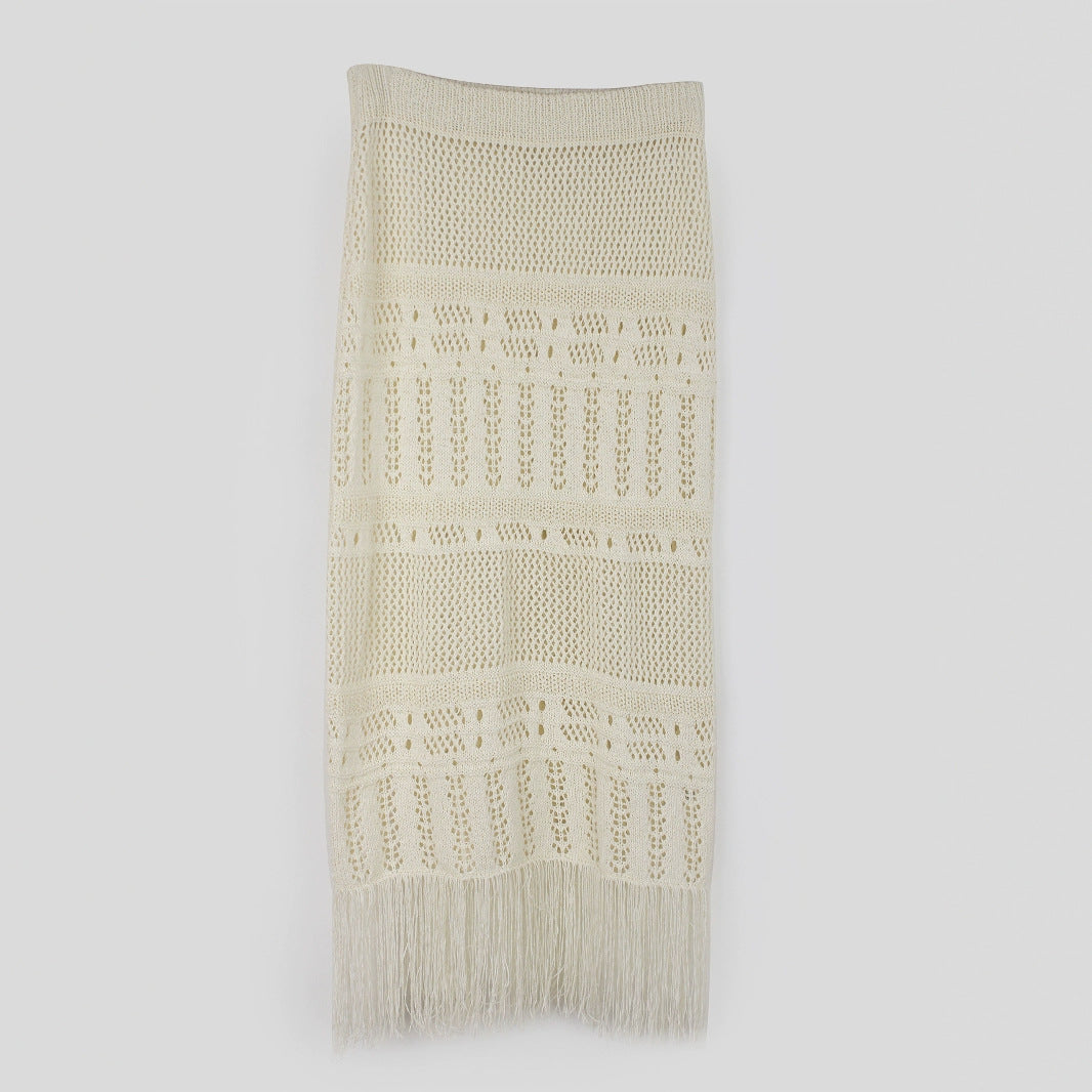 Womens Knitted Skirt With Hollowed-Out Design Tassel Trim And Solid Color