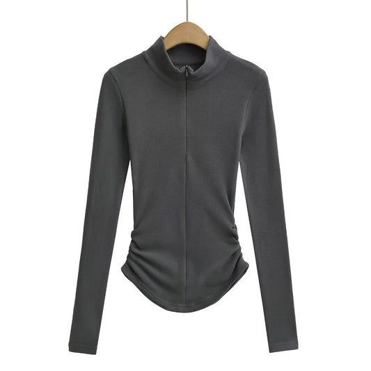 High Collar Half Zipper Stretch Slim-fit Thin Velvet Long Sleeve