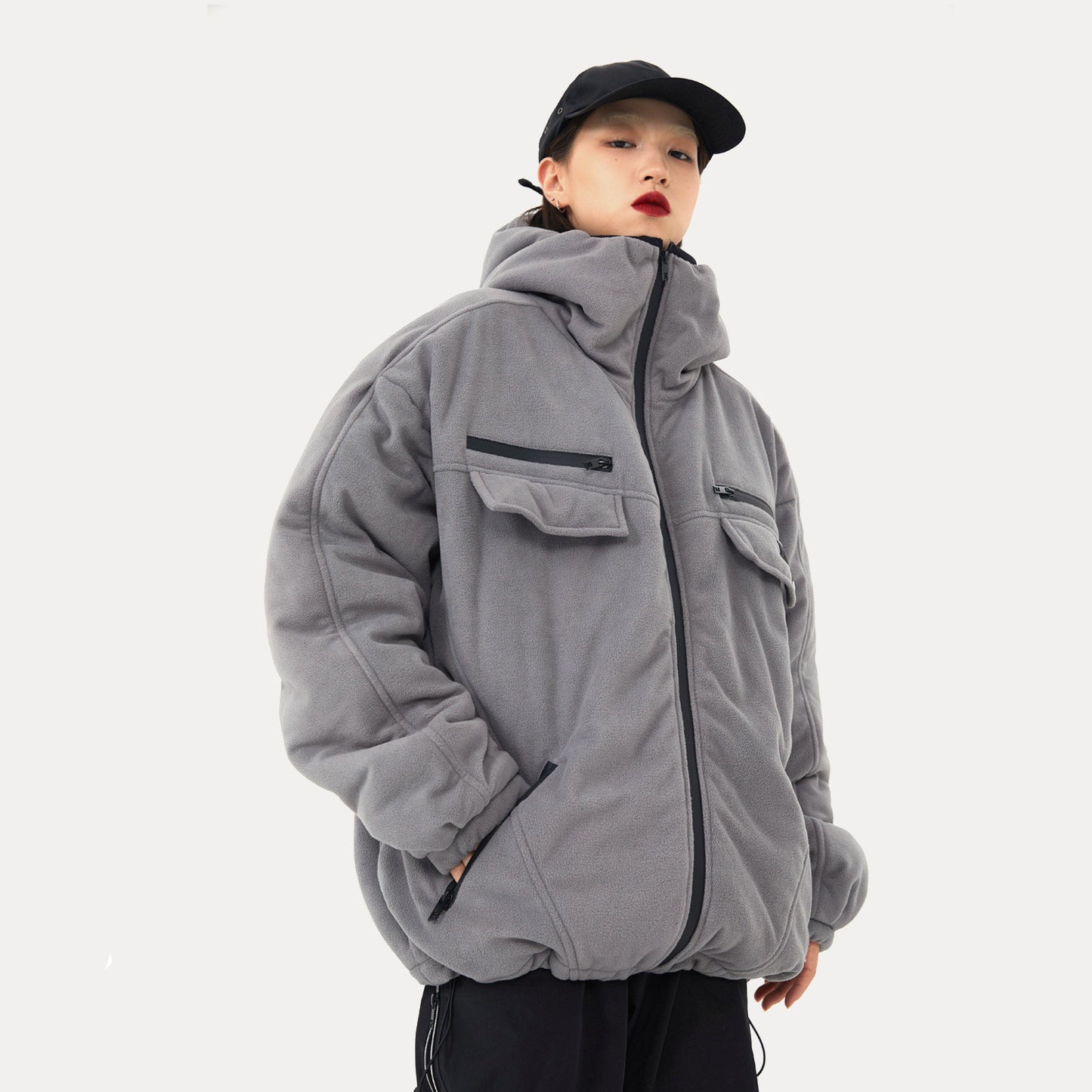Street Tricolor Basic Drawstring Fleece Padded Jacket