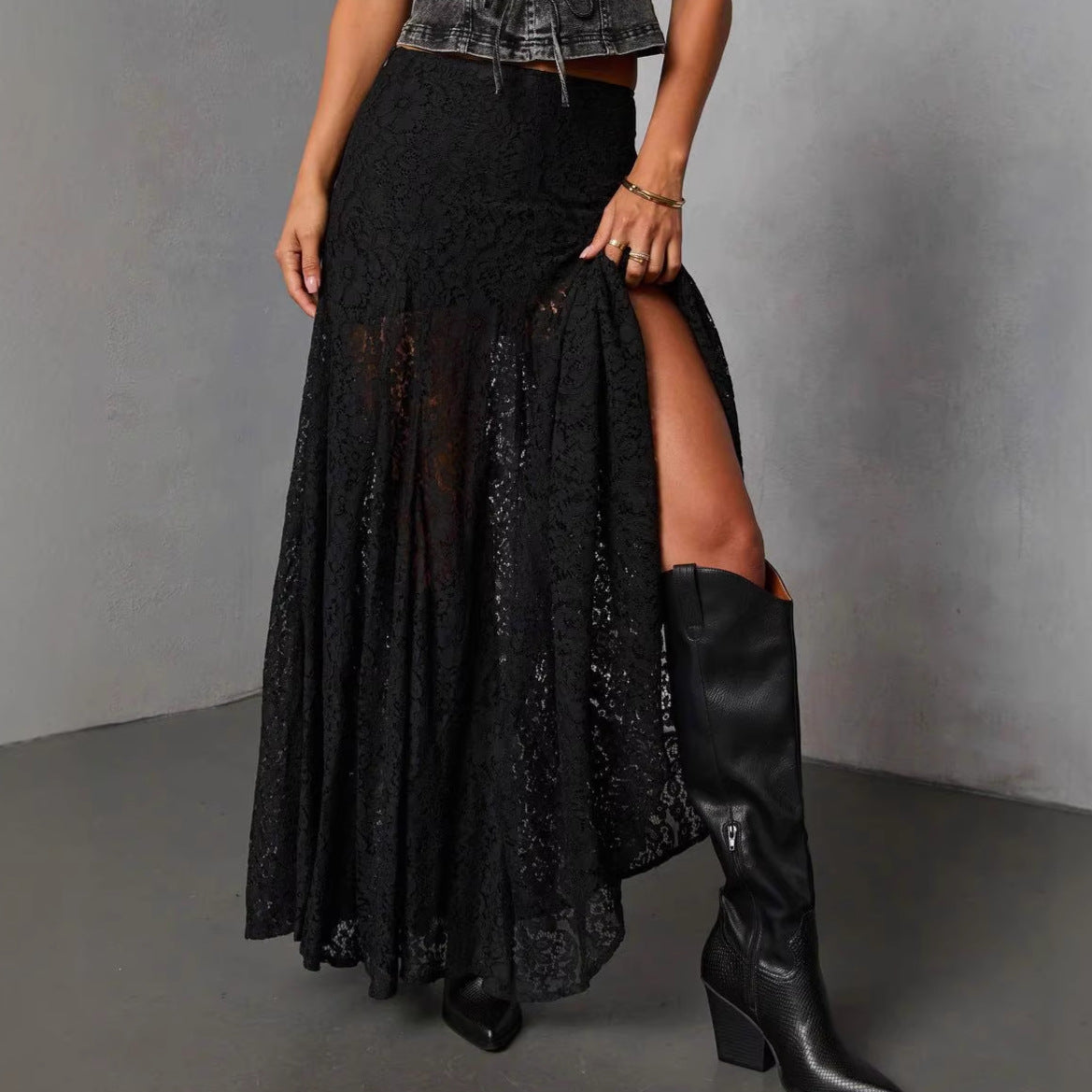 European And American Retro Versatile Black Polyester Lace Sheer Skirt