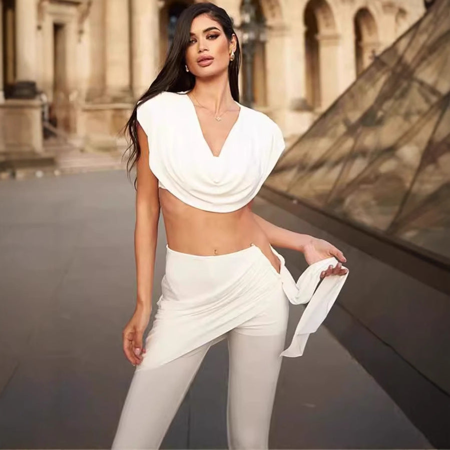 Summer New Women's Fashion Personality Slim Pleated V-neck Short Crop Top Hip-hugging Casual Suit