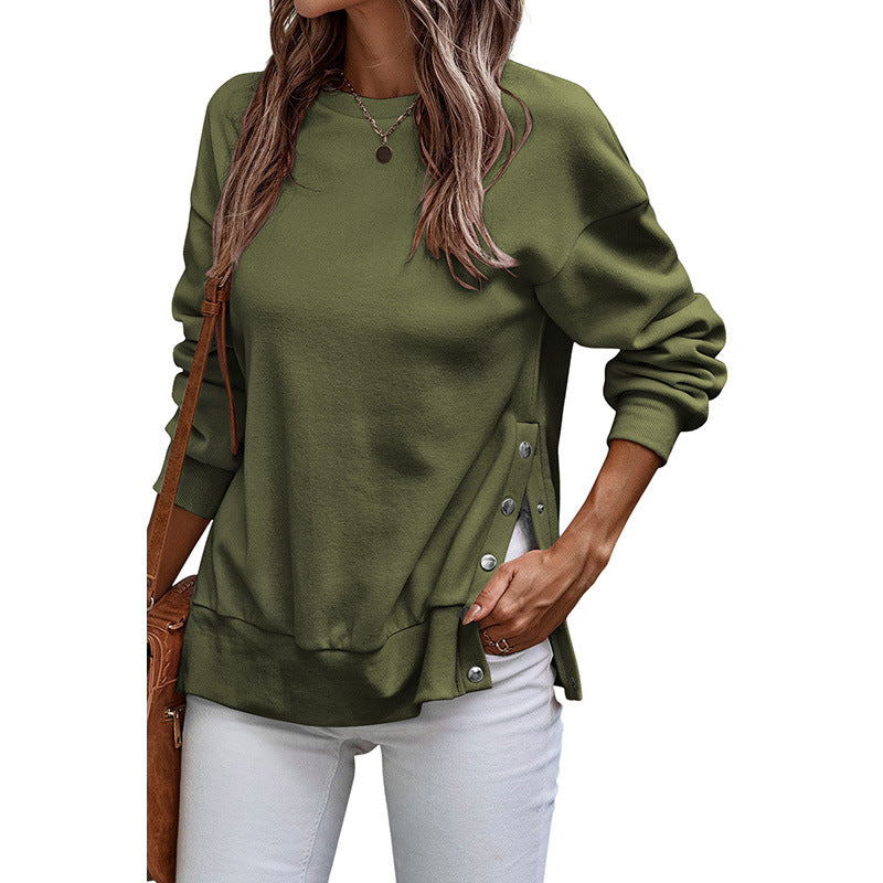 Solid Color Pullover Women's European And American Leisure Style Slit Loose Flab Hiding Long Sleeve Bathroom