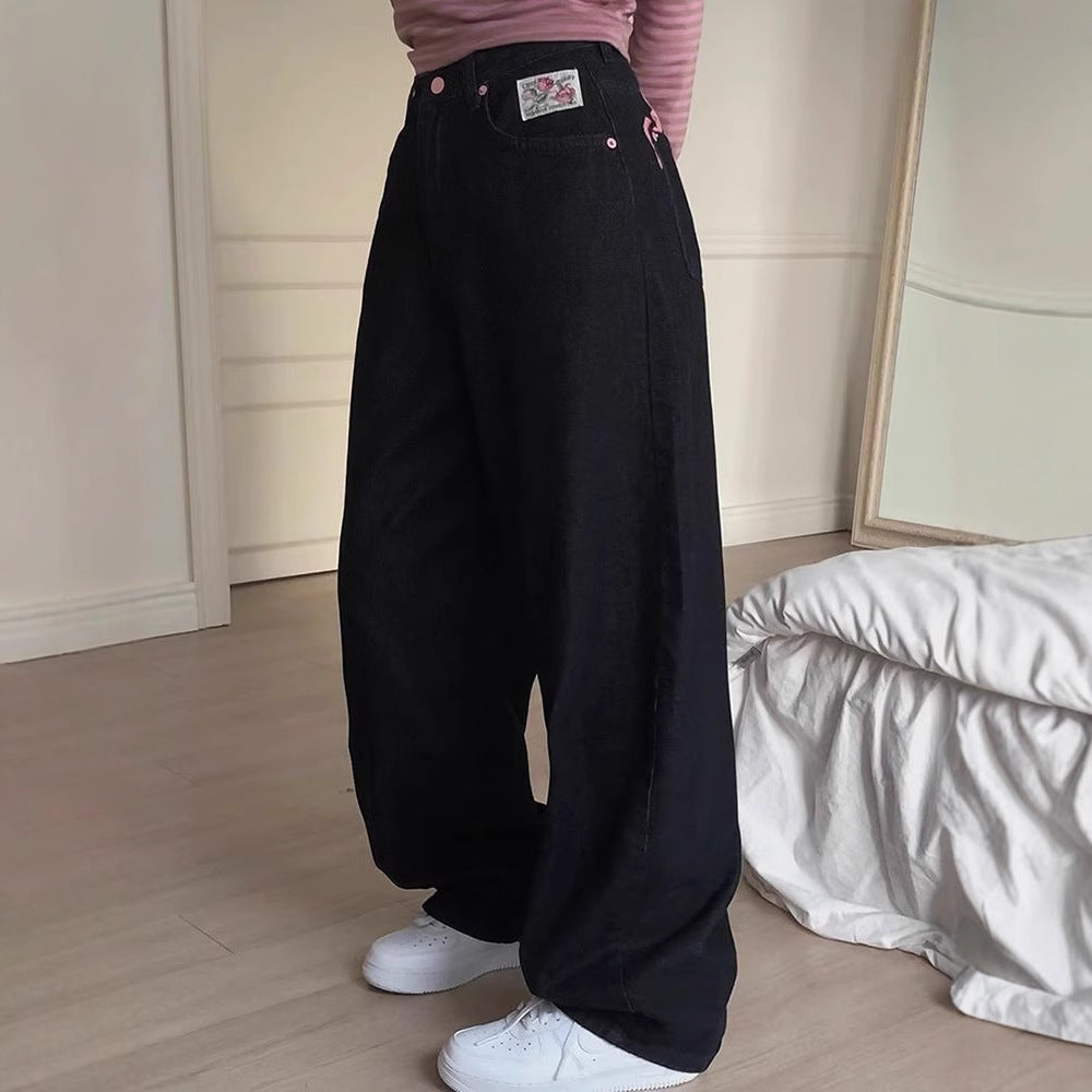 Letter-embroidered Printed High-waist Slimming Straight-leg Jeans