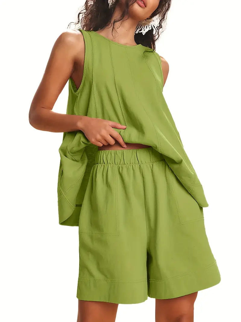Solid-Color Elegant Crew-Neck Tank Top And Wide-Leg Shorts Set For Women