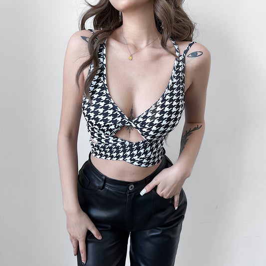 Houndstooth Print Lace-Up V-Neck Slim Back Slim Tank Top