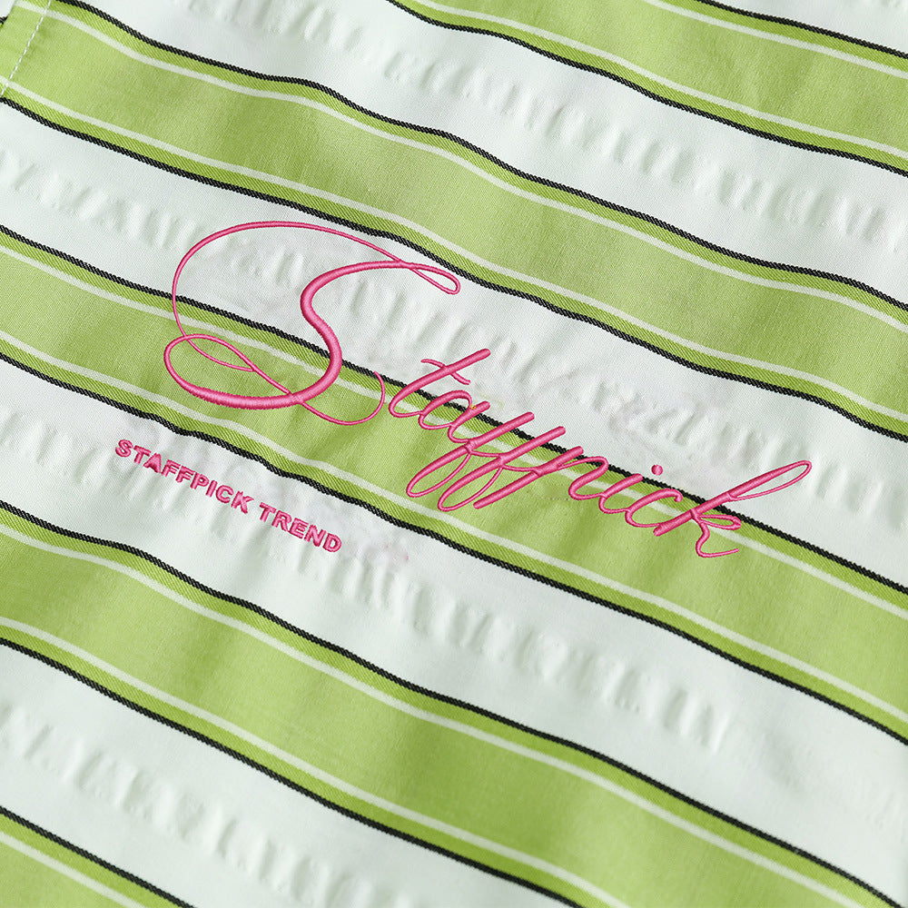 Men's Summer Leisure American-style Embroidered Striped Short-sleeved Shirt