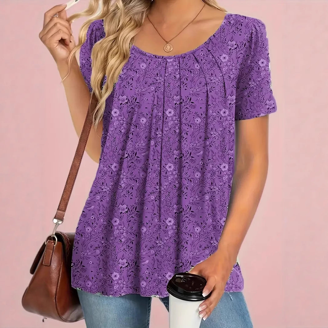 Summer Floral Round Neck Top Short Sleeve
