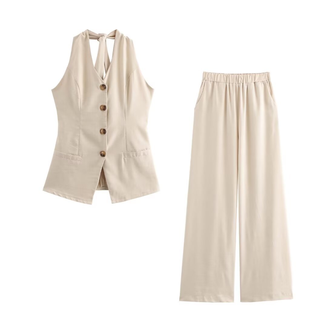 Classic Style Cotton And Linen Halterneck Vest Suit Women's Summer High-grade Trousers