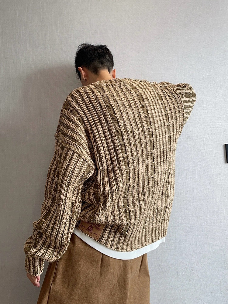 Mens AutumnWinter Retro All-Match Loose Khaki Green Cabled Double-Face Crew-Neck Distressed Thick Sweater