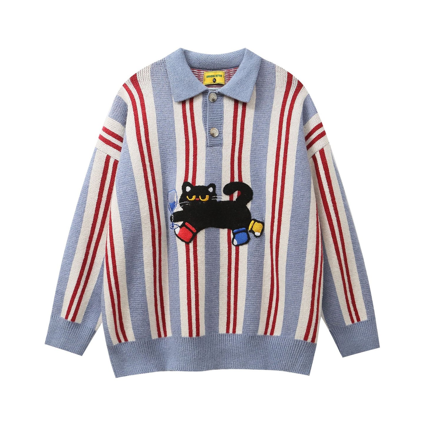 Retro Cat Loose Lapels Striped Sweater Pullover Sweater