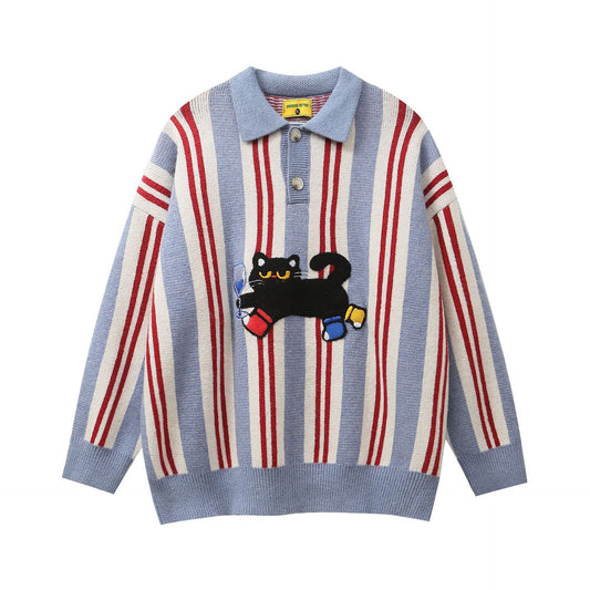 Retro Cat Loose Lapels Striped Sweater Pullover Sweater