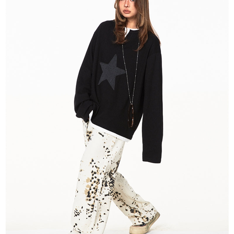 American Retro Fake Two-piece XINGX Patch Sweater