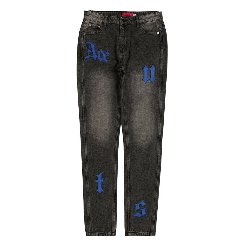 Vintage Jeans Men's Letter Patch Leather Embroidery