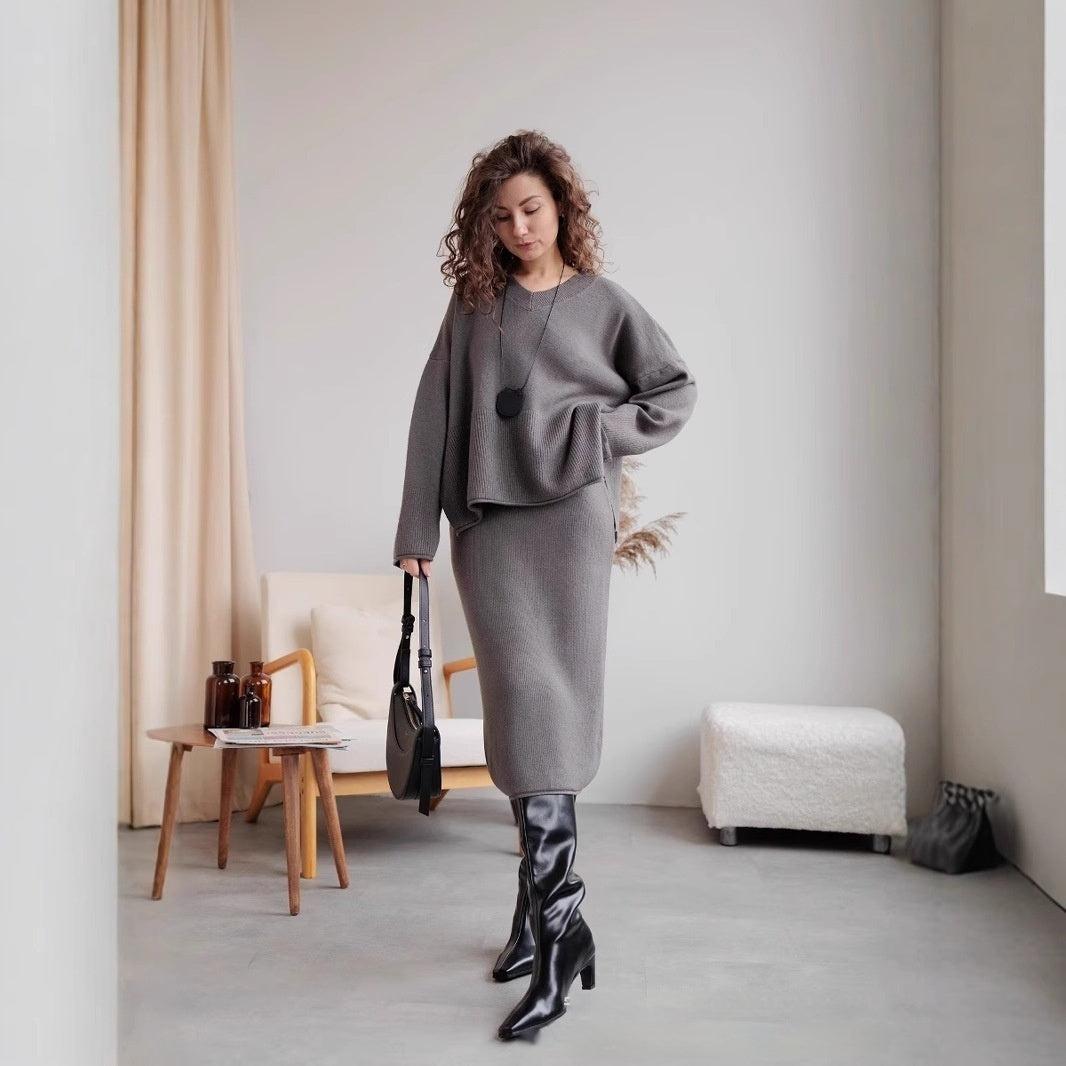 Split Sweater Suit Women's Knitted Blouse Skirt