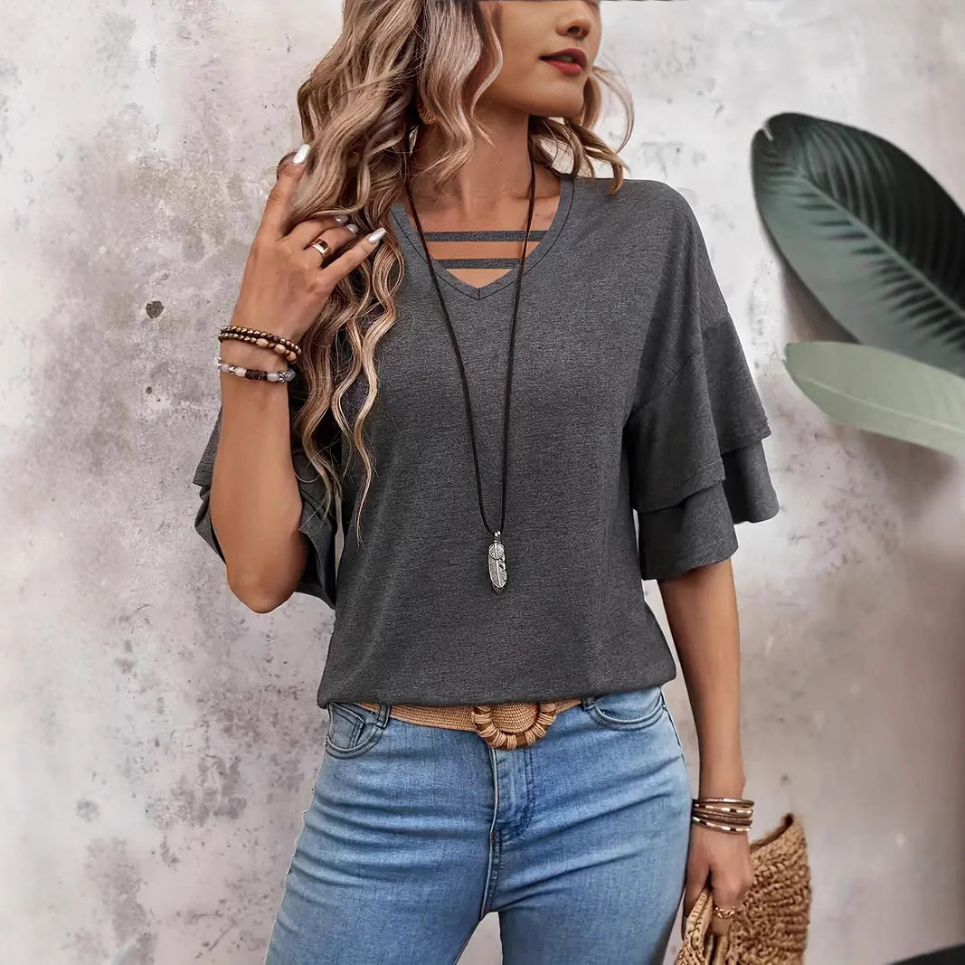 Women's V-neck Flounce Fashion T-shirt