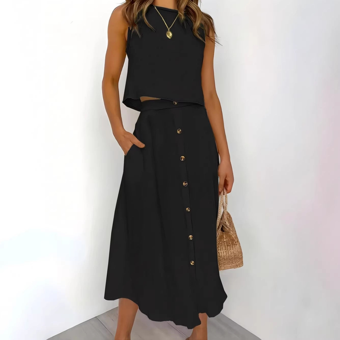 New Elegant Solid-color Vest And Skirt Set For Women