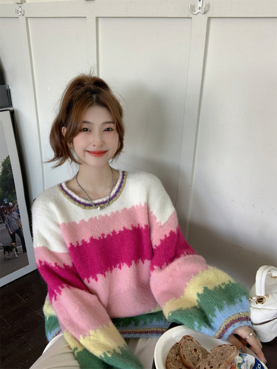 Large Contrast Rainbow Stripe Pullover Sweater For Women Loose And Versatile