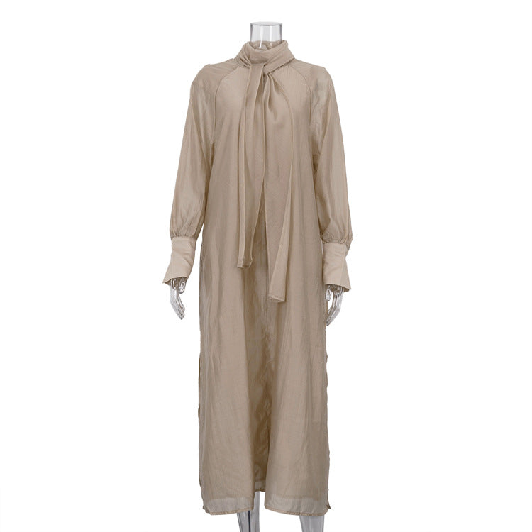 Stand-up Collar Tie-up Long Sleeve Side Slit Dress