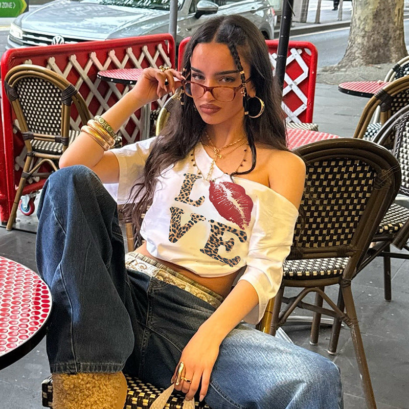 Oblique Shoulder Big Neckline Leopard Print Letter Jacket