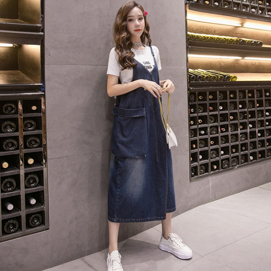 Korean Style Loose Casual Denim Suspender Skirt Mid-length