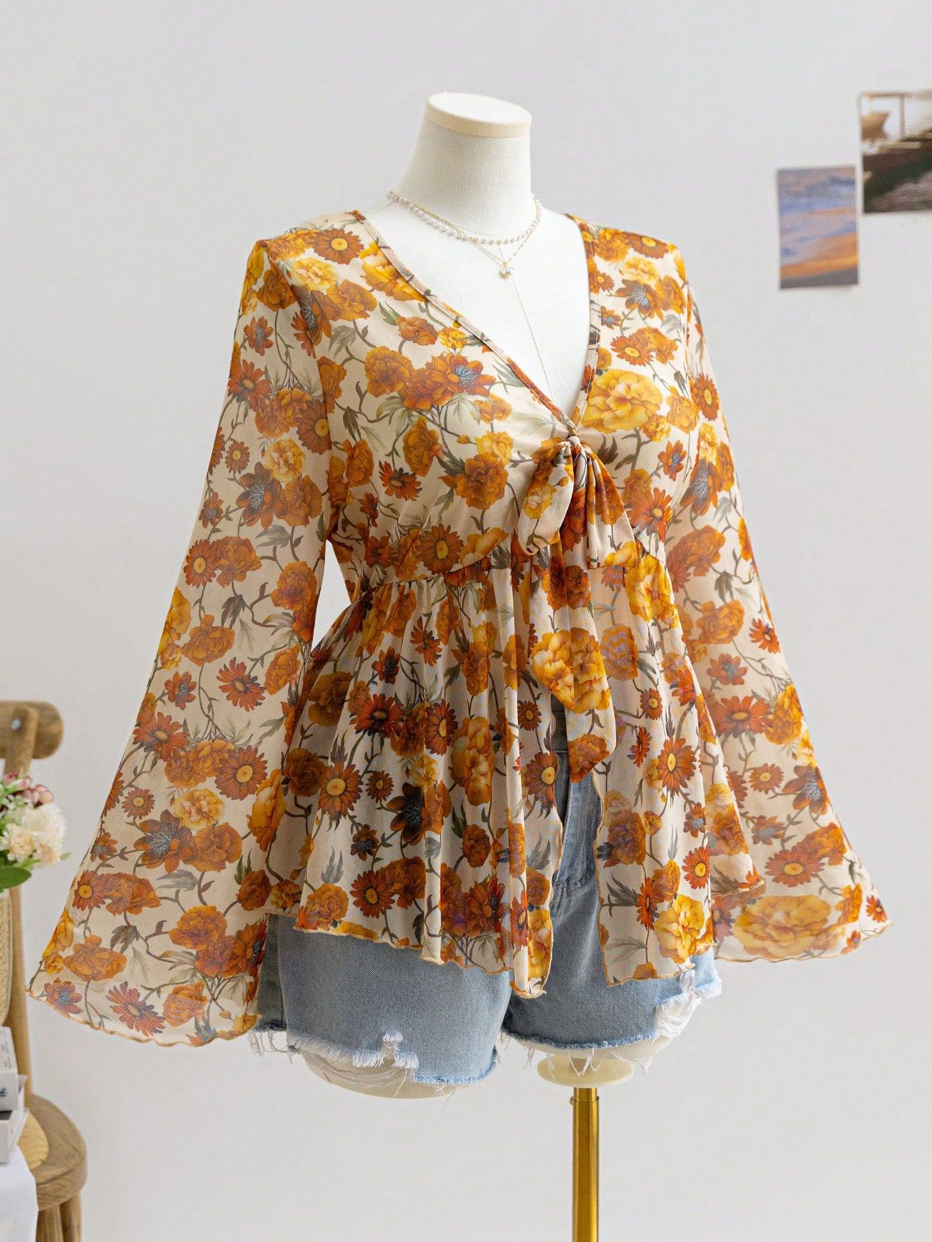V-hals Mesh Print Ferie Stil Top til Kvinder