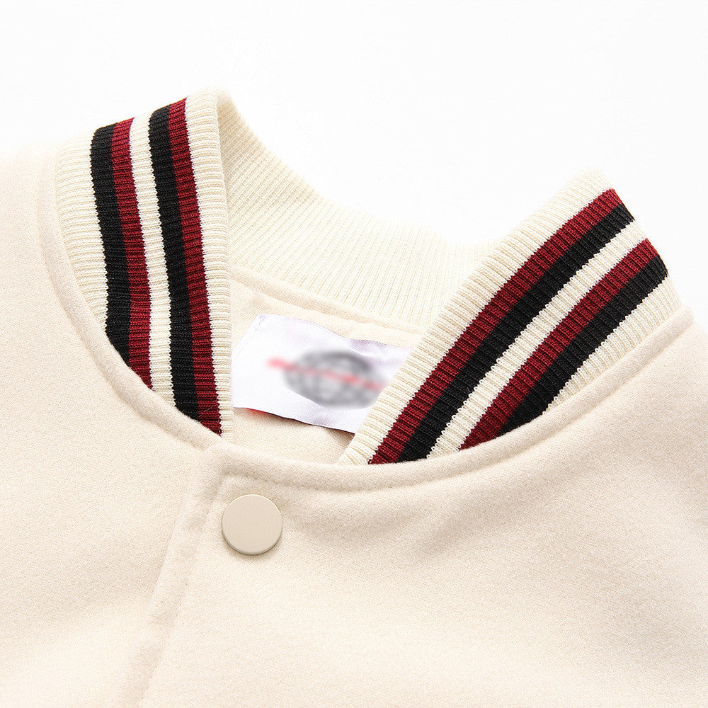 Color Contrast Patchwork PU Leather Sleeve Machine Embroidery Letter Baseball Uniform Jacket