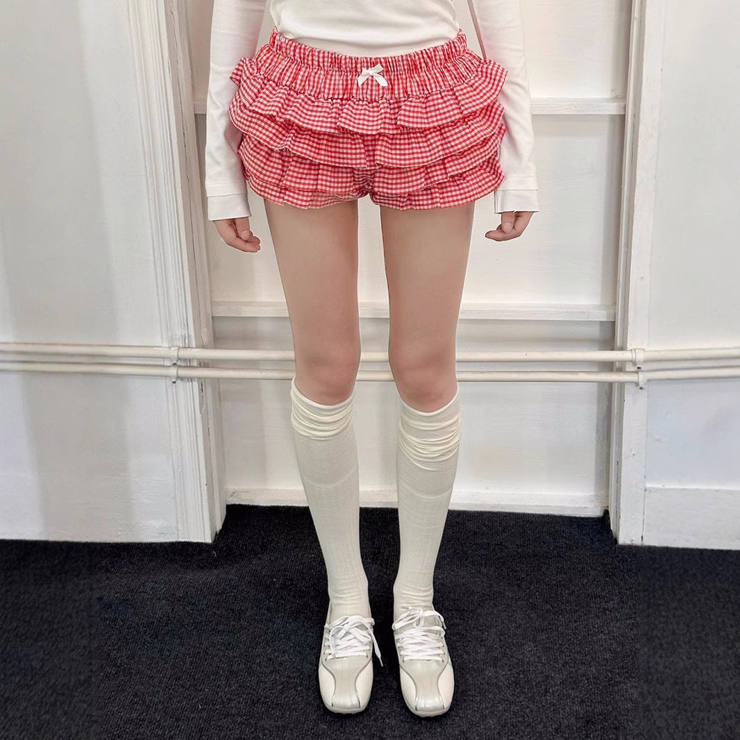 Sweet Refreshing Low Waist Multi-layer Wave Lace Bubble Cotton Plaid Cake Dress