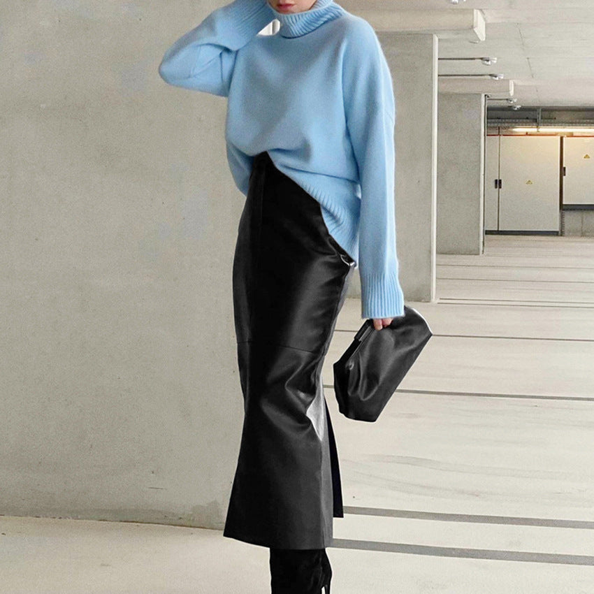 French Commuter Black PU Leather Skirt High-grade Split Straight Skirt