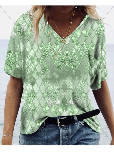 3D Printed Loose V Neck Short Sleeve T Shirt Top