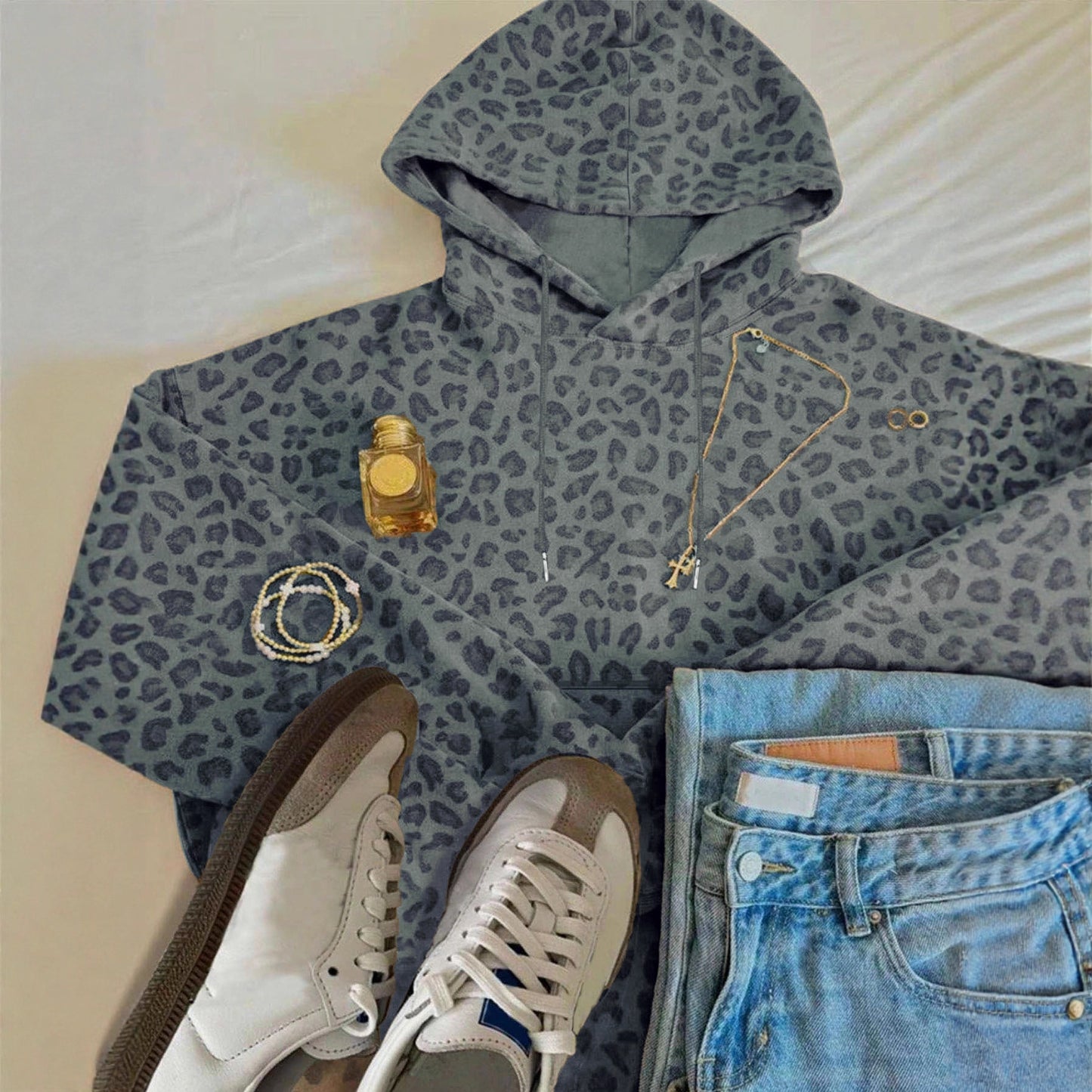 Womens Loose Versatile Casual Leopard-Print Hoodie