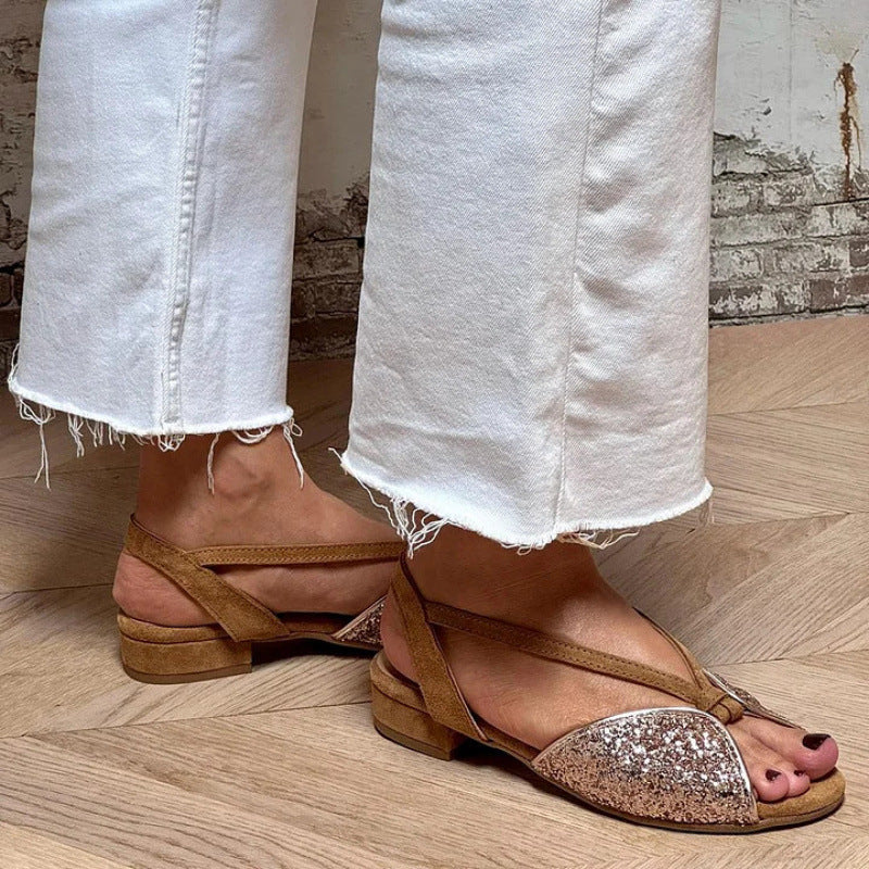 Brune Peep Toe-sandaler i Ruskind med Glitterbroderi