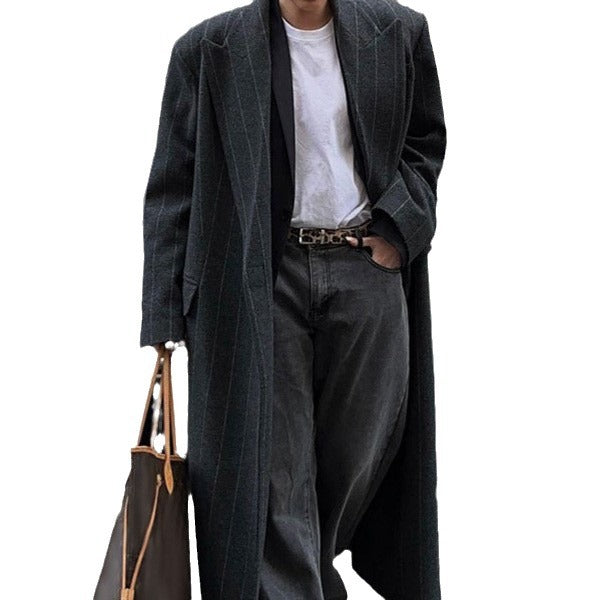 Lapel Long Sleeve Long Overcoat Outerwear Temperament Commute Stripes